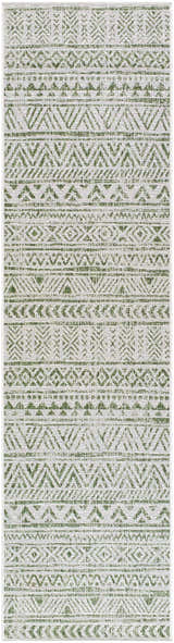 Close-up of the Novato Olive All Over Pattern Performance Rug. Farmhouse style rug with olive green geometric pattern. Design-Runner-2710