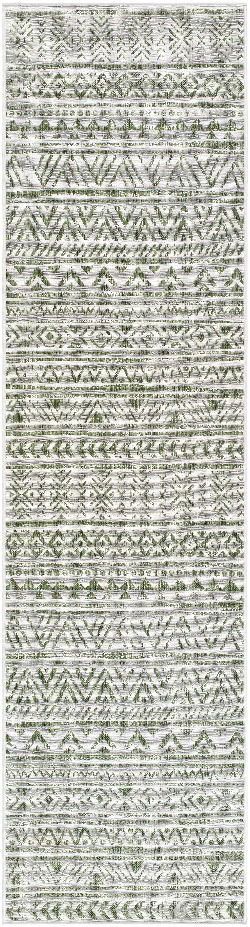 Close-up of the Novato Olive All Over Pattern Performance Rug. Farmhouse style rug with olive green geometric pattern. Design-Runner-2710