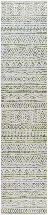 Close-up of the Novato Olive All Over Pattern Performance Rug. Features a farmhouse style geometric design in olive green and light gray. Design-Runner-2712