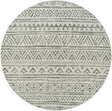 Close-up of the round Novato Olive rug, showcasing its olive green geometric all-over pattern on a light gray background. Design-Round-67
