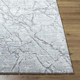 Close up of Genkei Black Area Rug showing its charcoal and light gray abstract pattern and soft texture. Front