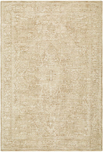 Close-up of the Antoan Sandstone Area Rug. Traditional design in ivory, sandstone, and taupe hues. Machine woven polyester rug. Design-Rectangle-6796