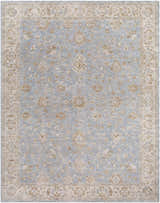 Close-up of the Avivit Sage Area Rug; a traditional rug in blue, cream, sage, and tan with a floral pattern and decorative border. Design-Rectangle-710102