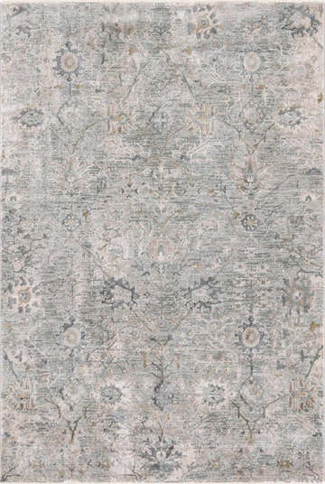 Close-up of the Gilmanton Thick Luxe Boutique Rug. Features a traditional floral pattern in dusty sage, gray, and beige tones. Design-Rectangle