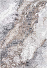 Close-up of the Ashlee Area Rug, a contemporary design in ivory, gray, brown, and white with an abstract pattern. Design-Rectangle-5373