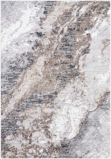 Close-up of the Ashlee Area Rug, a contemporary design in ivory, gray, brown, and white with an abstract pattern. Design-Rectangle-5373