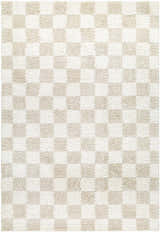 Close-up of the Gallicchio Area Rug. Features a textured checkerboard pattern in cream and beige. Contemporary style. Design-Rectangle-537