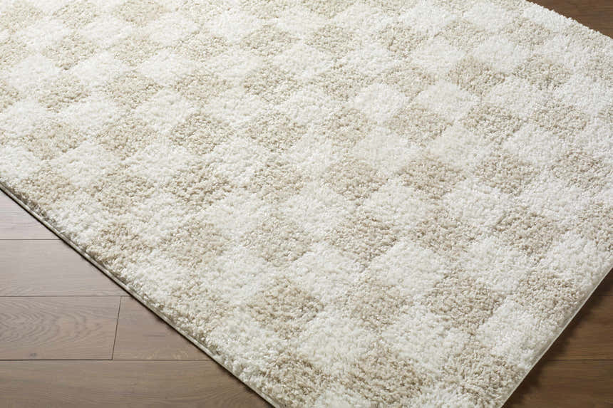 Close-up of a Gallicchio Area Rug. The rug has a cream and beige checkerboard pattern and a plush, soft texture. Corner