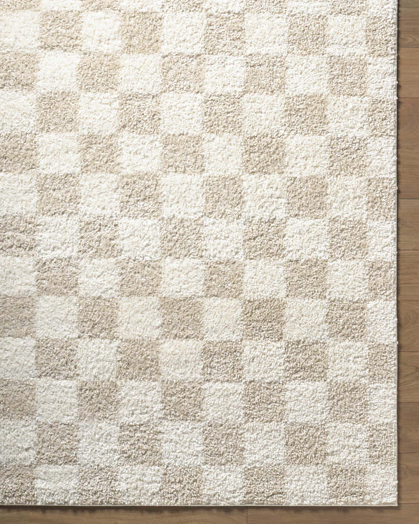 Close-up of the Gallicchio Area Rug. The rug has a checkerboard pattern in ivory and beige. Corner