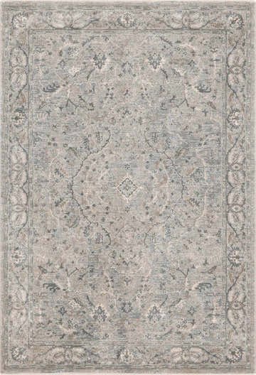 Detailed Glengarry Thick Luxe Boutique Rug in dusty sage, beige, gray, and taupe with a traditional vintage pattern. Design-Rectangle