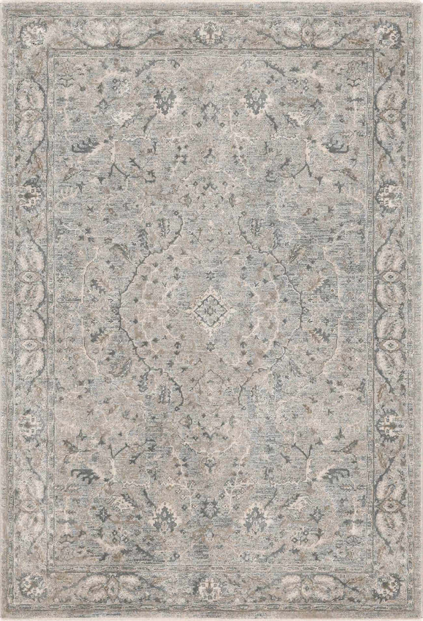 Detailed Glengarry Thick Luxe Boutique Rug in dusty sage, beige, gray, and taupe with a traditional vintage pattern. Design-Rectangle