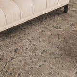 Close up of the Glengarry Thick Luxe Boutique Rug, showcasing its beige, gray, and taupe vintage pattern and plush texture. Roomscene-Rectangle