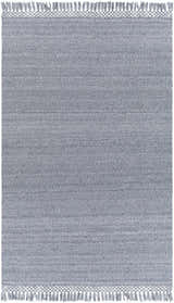 Close-up of the hand woven Eagletown Area Rug. Slate and slate blue recycled PET yarn rug with a knotted fringe. Design-Rectangle-576