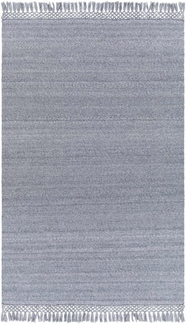 Close-up of the hand woven Eagletown Area Rug. Slate and slate blue recycled PET yarn rug with a knotted fringe. Design-Rectangle-576