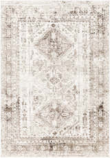 Close-up of the Gali Area Rug showcasing its traditional, faded driftwood pattern and cream and brown color palette. Design-Rectangle-5373