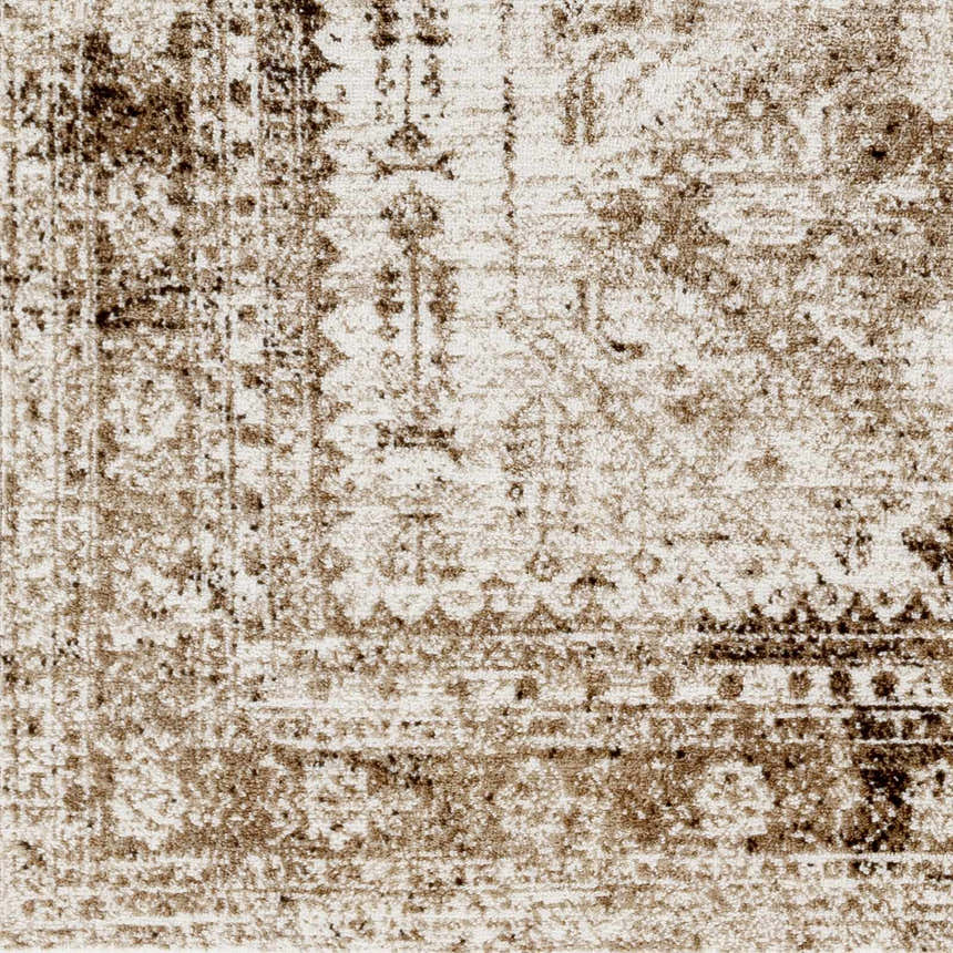 Close-up of Gali Area Rug showing its traditional pattern and colors: cream, dark brown, and faded driftwood. Swatch