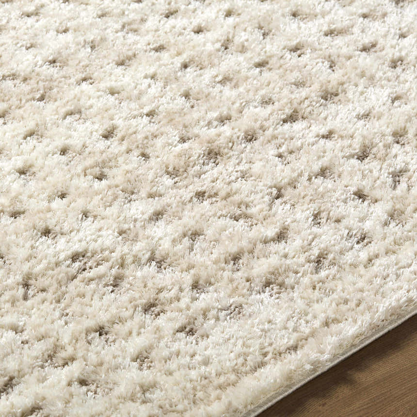 Close-up of the cream Armand Luxe Shag Rug, showing its plush, soft texture and subtle geometric pattern. Texture