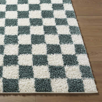 Close-up of the Goianinha Area Rug featuring a green and white checkerboard pattern on a wood floor. Front
