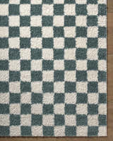 Close-up of the Goianinha Area Rug. Features a checkerboard pattern in cream and teal. Shag texture. Corner
