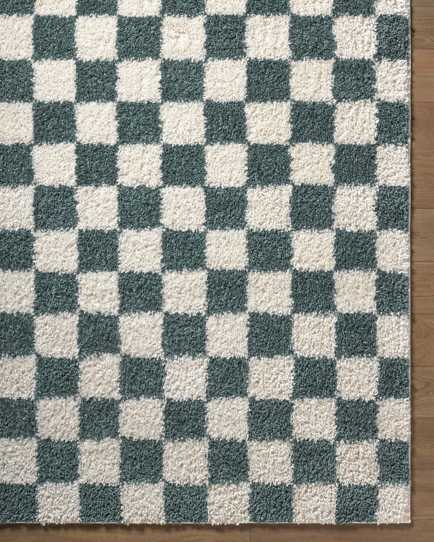 Close-up of the Goianinha Area Rug. Features a checkerboard pattern in cream and teal. Shag texture. Corner