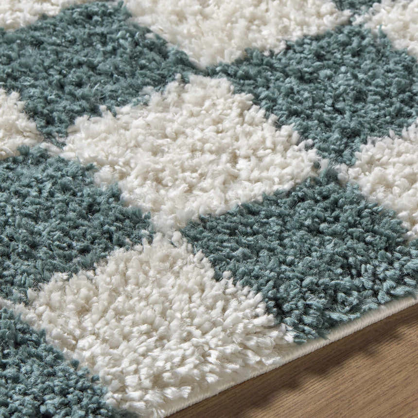 Close-up of the Goianinha Area Rug. Plush texture with a geometric pattern in white and teal. Texture
