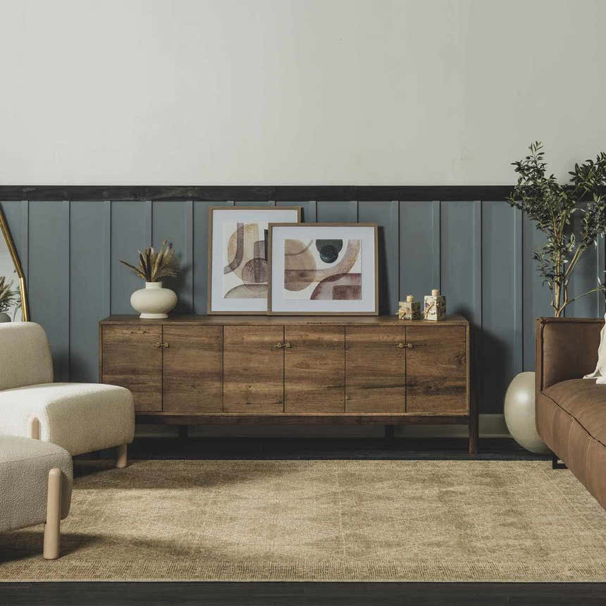 Farmhouse living room with light brown Fetscher IV Vintage Damask Area Rug, wood cabinet, and neutral furniture. Roomscene-Rectangle