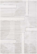 Close-up of the Atalie Area Rug featuring a contemporary geometric pattern in cream, ivory, and light gray. Design-Rectangle-537