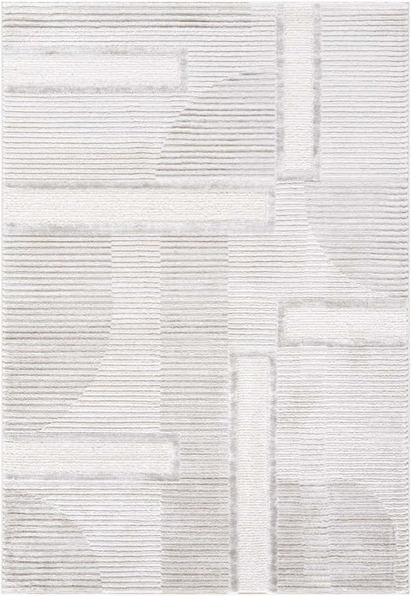 Close-up of the Atalie Area Rug featuring a contemporary geometric pattern in cream, ivory, and light gray. Design-Rectangle-537