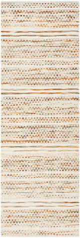 Close-up of the Griet Hand Woven Wool Rug. Beige, bone, camel, and copper tones create a farmhouse-style horizontal stripe pattern. Design-Runner-268