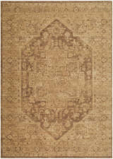 Close-up of the Garima Area Rug. Beige, chestnut, and sandstone tones create a traditional, farmhouse-style pattern. Design-Rectangle-679