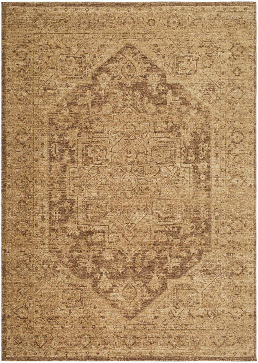 Close-up of the Garima Area Rug. Beige, chestnut, and sandstone tones create a traditional, farmhouse-style pattern. Design-Rectangle-679