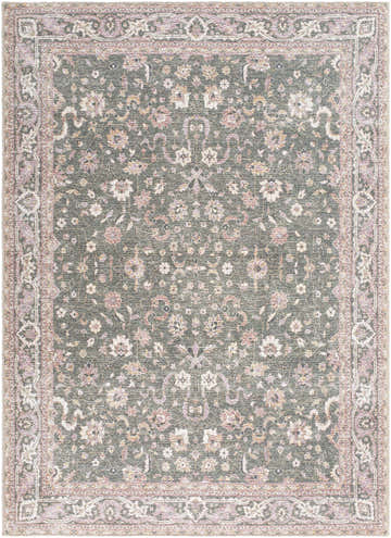 Close-up of the Alyson Vintage Flat Pile Washable Rug. Farmhouse style rug in cream, green, plum, and tan floral pattern. Design-Rectangle-5373