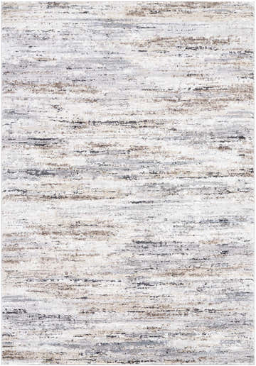 Close-up of the Aurera Area Rug. Contemporary design with black, ivory, gray, and brown horizontal striations. Design-Rectangle-5373