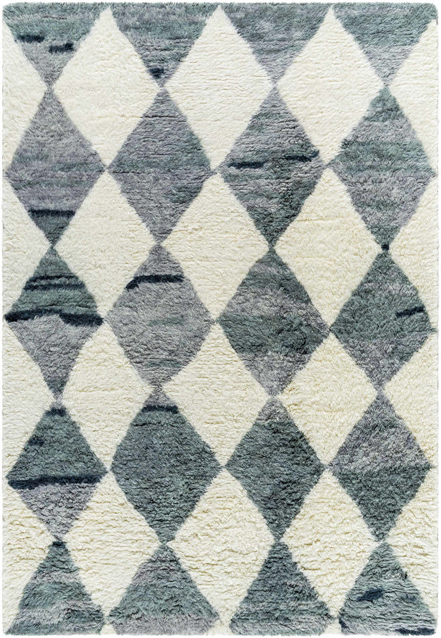 Close-up of the Azaria Baklava Wool Rug featuring a diamond pattern in gray, sage, and light silver hues. Design-Rectangle-576