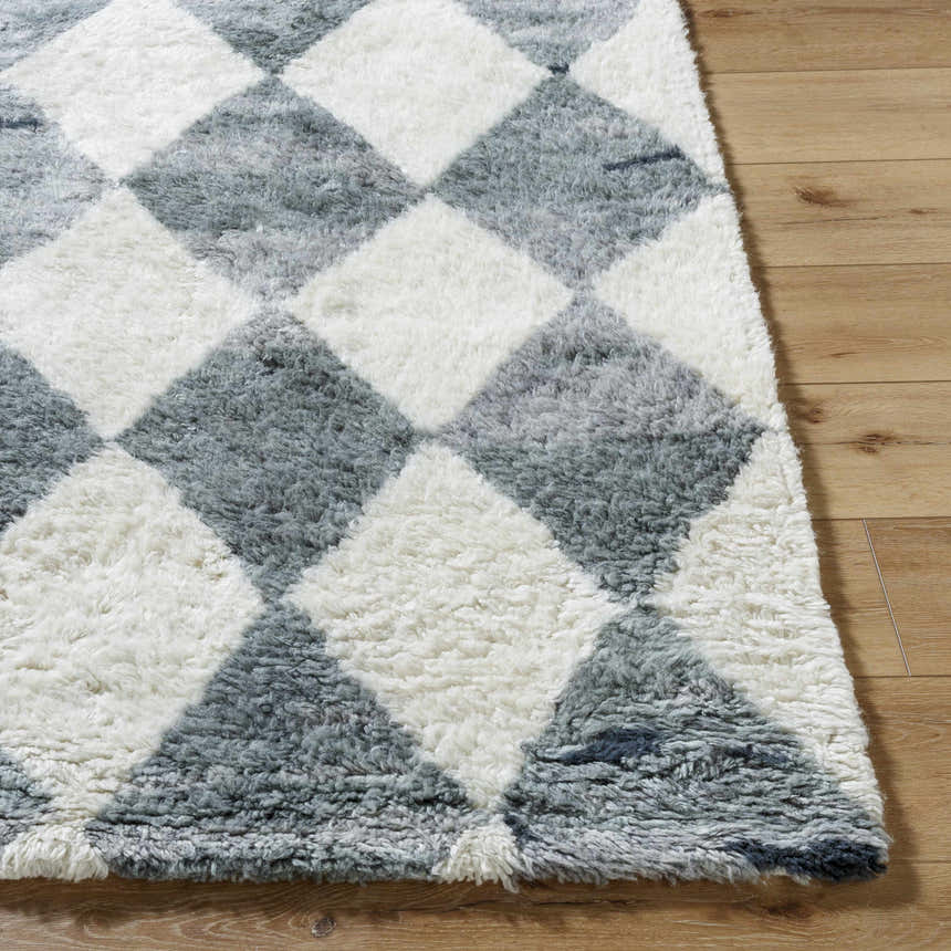 Close-up of the hand-tufted Azaria Baklava Wool Rug. Features a gray and white diamond pattern and a soft, shaggy texture. Front