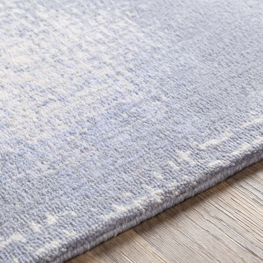 Close-up of Simpatico Candice Olson x LIVABLISS SPO-1008 Area Rug. Machine woven wool rug in cream, gray, and light blue. Texture