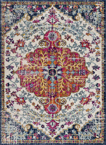 Close-up of the Bodrum Area Rug. Traditional floral design in aqua, blue, burgundy, and burnt orange on off-white. Design-Rectangle