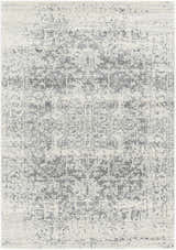 Close-up of Livabliss Harput HAP-1024 area rug. Farmhouse style rug in charcoal, medium gray, and off white. Design-Rectangle-31157