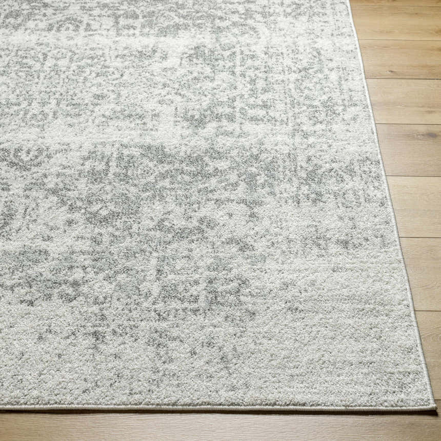 Close-up of the Livabliss Harput HAP-1024 area rug showing its charcoal and off white traditional pattern and soft texture. Front
