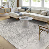 Light and airy living room featuring the Livabliss Harput HAP-1024 rug in charcoal, gray, and off-white. Roomscene-Rectangle