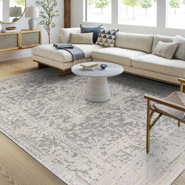 Light and airy living room featuring the Livabliss Harput HAP-1024 rug in charcoal, gray, and off-white. Roomscene-Rectangle
