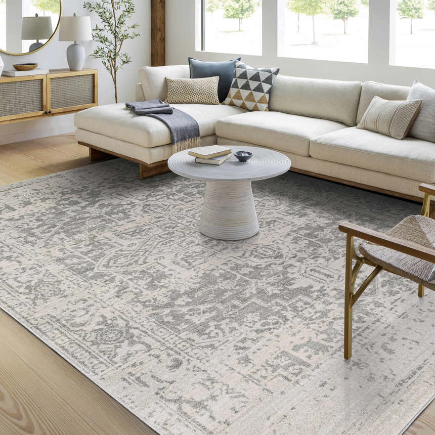 Light and airy living room featuring the Livabliss Harput HAP-1024 rug in charcoal, gray, and off-white. Roomscene-Rectangle