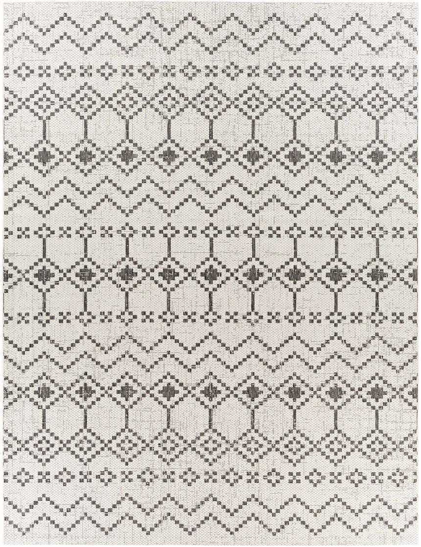 Close-up of the Haynesville Moroccan Design Pixel Rug. Black and white pixelated geometric pattern. Design-Rectangle-710102