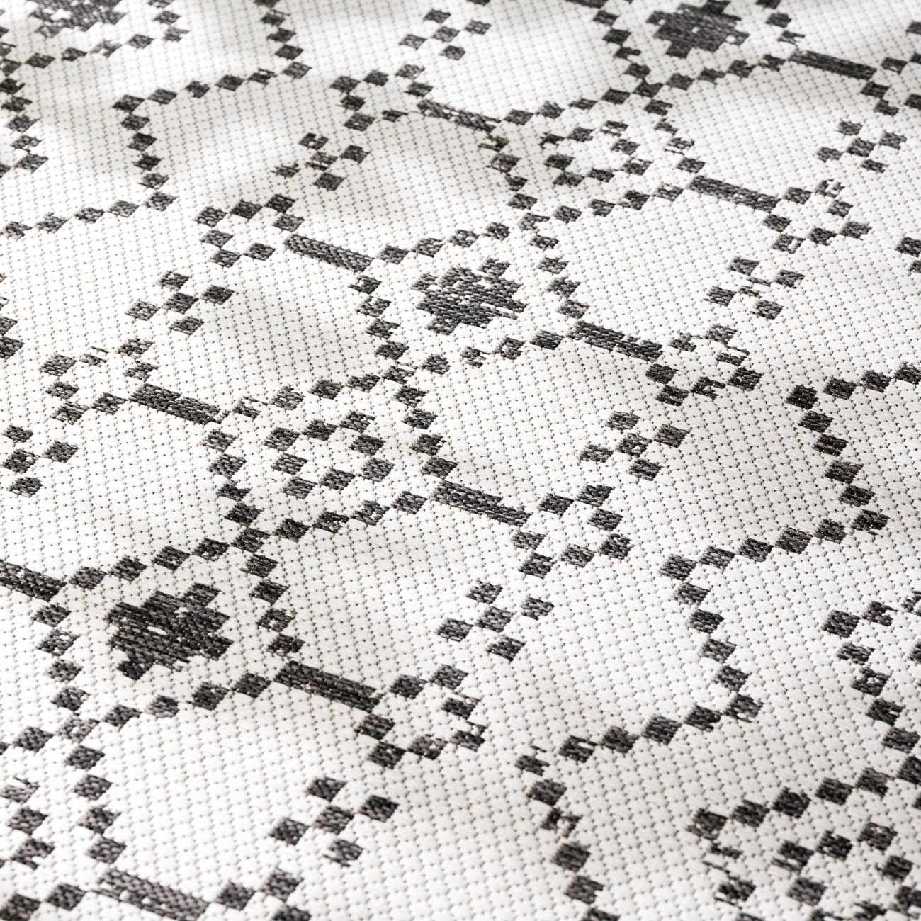 Close-up of the Haynesville Moroccan Design Pixel Rug, showing its black and white geometric pattern and woven texture. Texture
