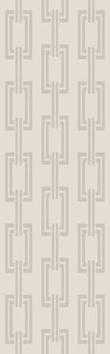 Close-up of the beige Hazlet Area Rug featuring a gray, geometric chain-link pattern. Hand woven wool rug. Design-Runner-268