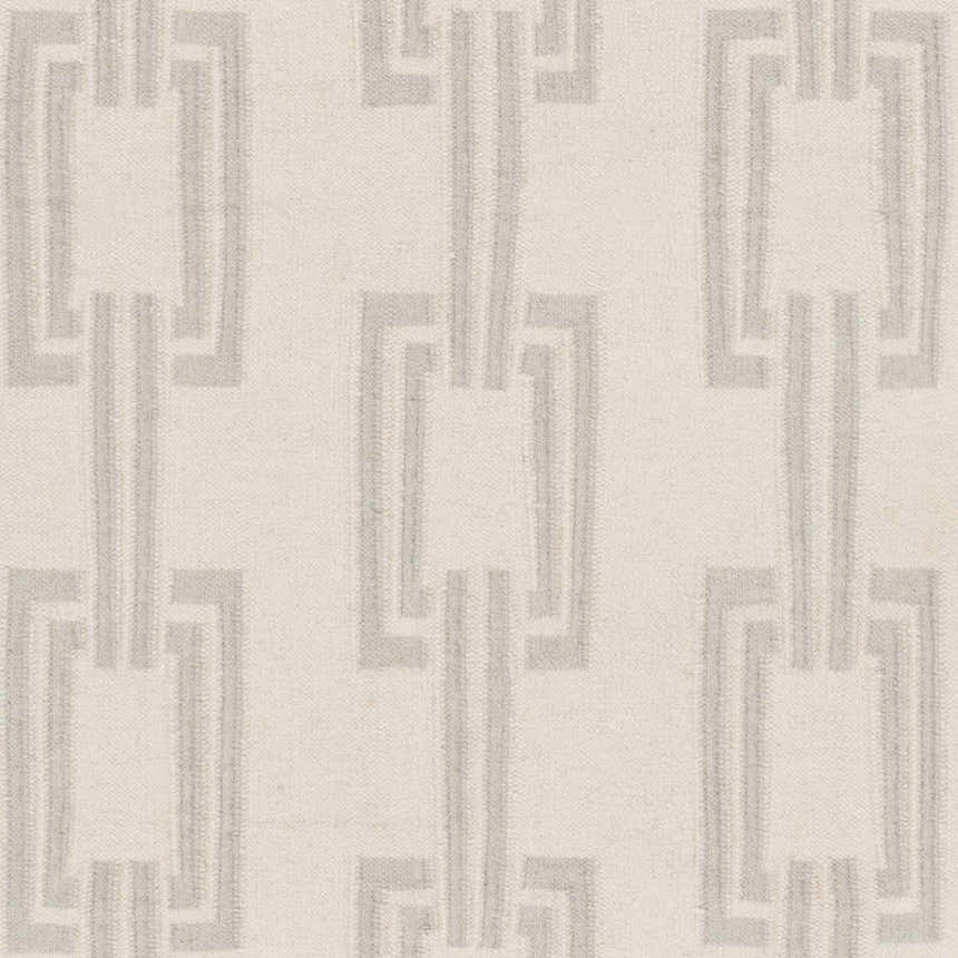 Close-up of the Hazlet Area Rug. Beige wool rug with a gray geometric chain-link pattern. Contemporary style. Swatch
