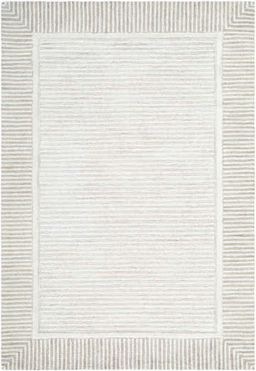 Close-up of Hiroto Taupe Area Rug. Hand-tufted wool rug with ivory and sandstone stripes and a geometric border. Design-Rectangle-576