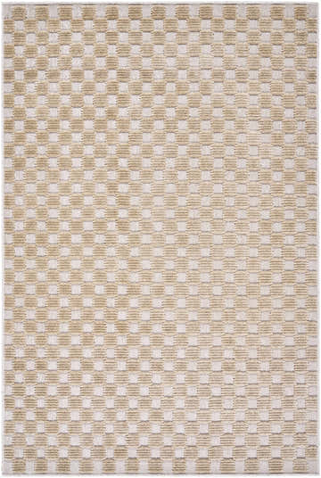 Close-up of the Anthea Beige Washable Area Rug. The rug has a beige and light brown checkered pattern. Contemporary style. Design-Rectangle-576