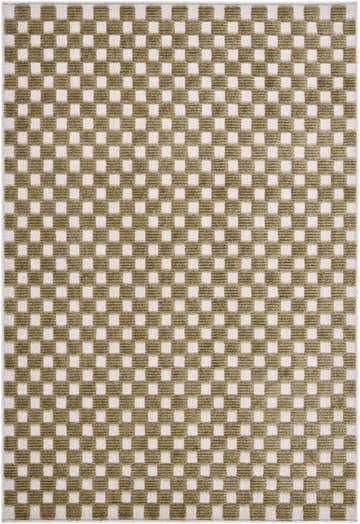 Close-up of the Anthea Olive Washable Area Rug. Features a contemporary olive and white checkered pattern, machine woven texture. Design-Rectangle-57