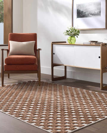 Living room scene with an Anthea White Washable Area Rug, brown chair, and white cabinet for a contemporary look. Roomscene-Rectangle